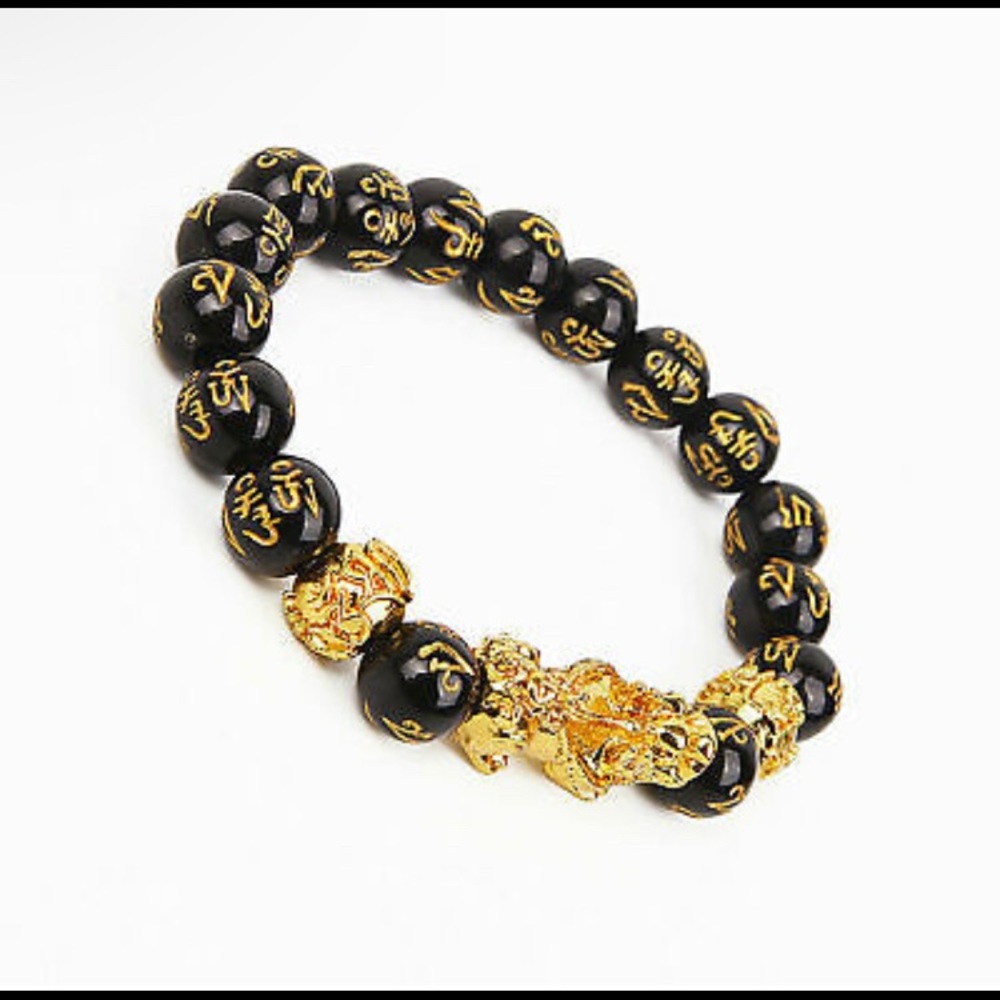 Feng Shui Green Onyx Black Obsidian Beads Wealth Golden Pixiu Lucky Braceletl - Picture 5 of 6